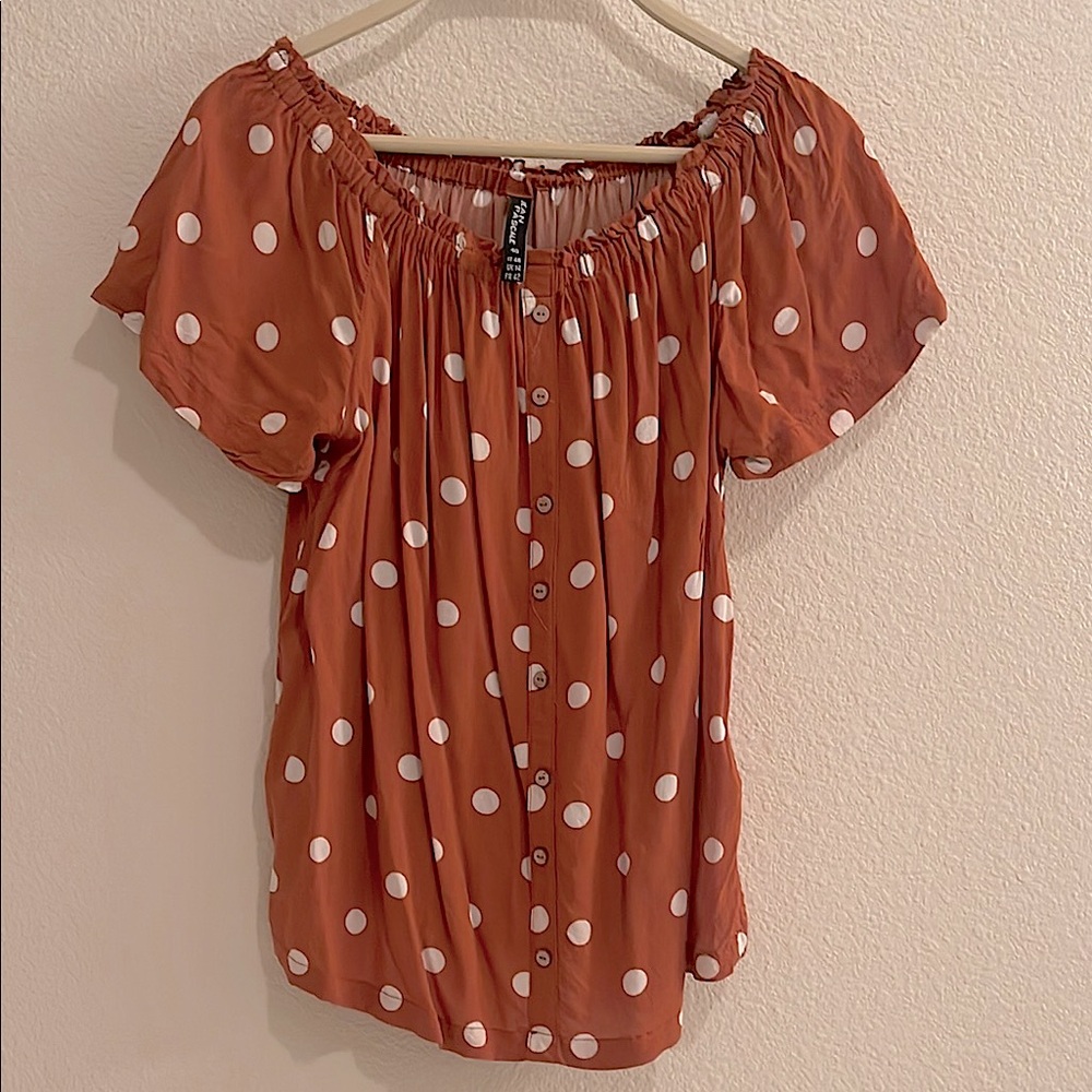 Vintage France brand Rust Polka Dot Blouse. Size 8
